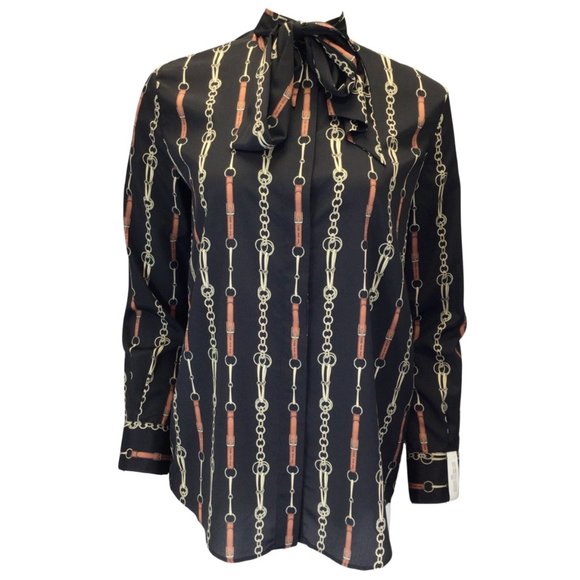 ROKH BLACK MULTI CHAIN PRINT TIE-NECK LONG SLEEVED BLOUSE - Picture 1 of 4
